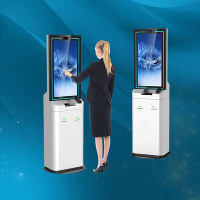 Elegant en slim ontworpen hotel zelfcheck in kiosk met optionele wielen voor flexibele positionering en gastenverwerking